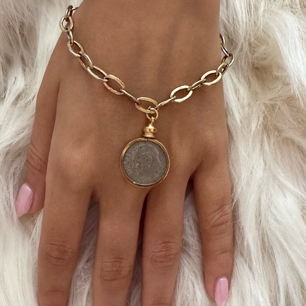 925 GF Gold Coin Charm Chain made in italy Bracelet - Pink Accent